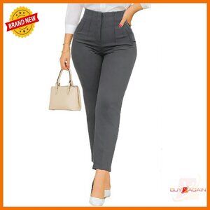 Stretchy High Waisted Pleated Straight Leg Dress Pants for Work Casual
